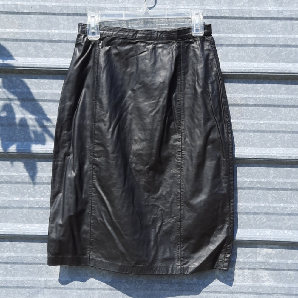 VINTAGE Black Leather A-line Winlet Skirt